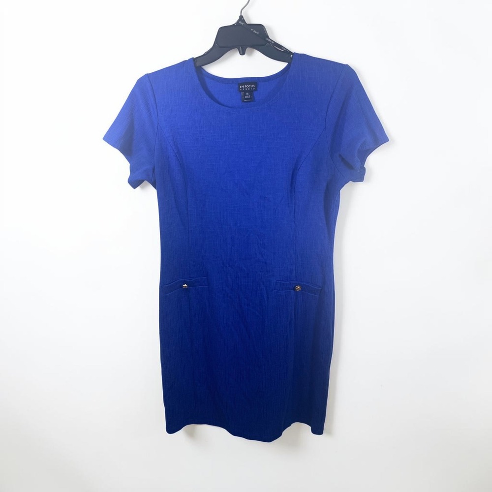 En Focus Studio Dazz Blue Short Sleeve Sheath Dress Size 14